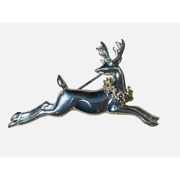 Silver-Tone Reindeer Brooch With Gold-Tone Wreath By Villager - Picture 8 of 13